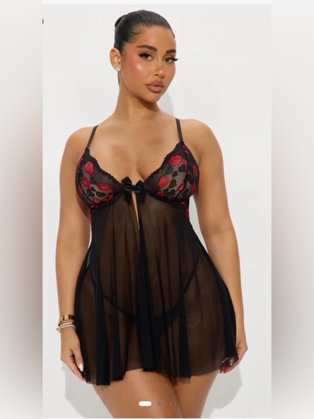 🩷. Sheer Black Babydoll Nightdress with Red Lip Appliqué